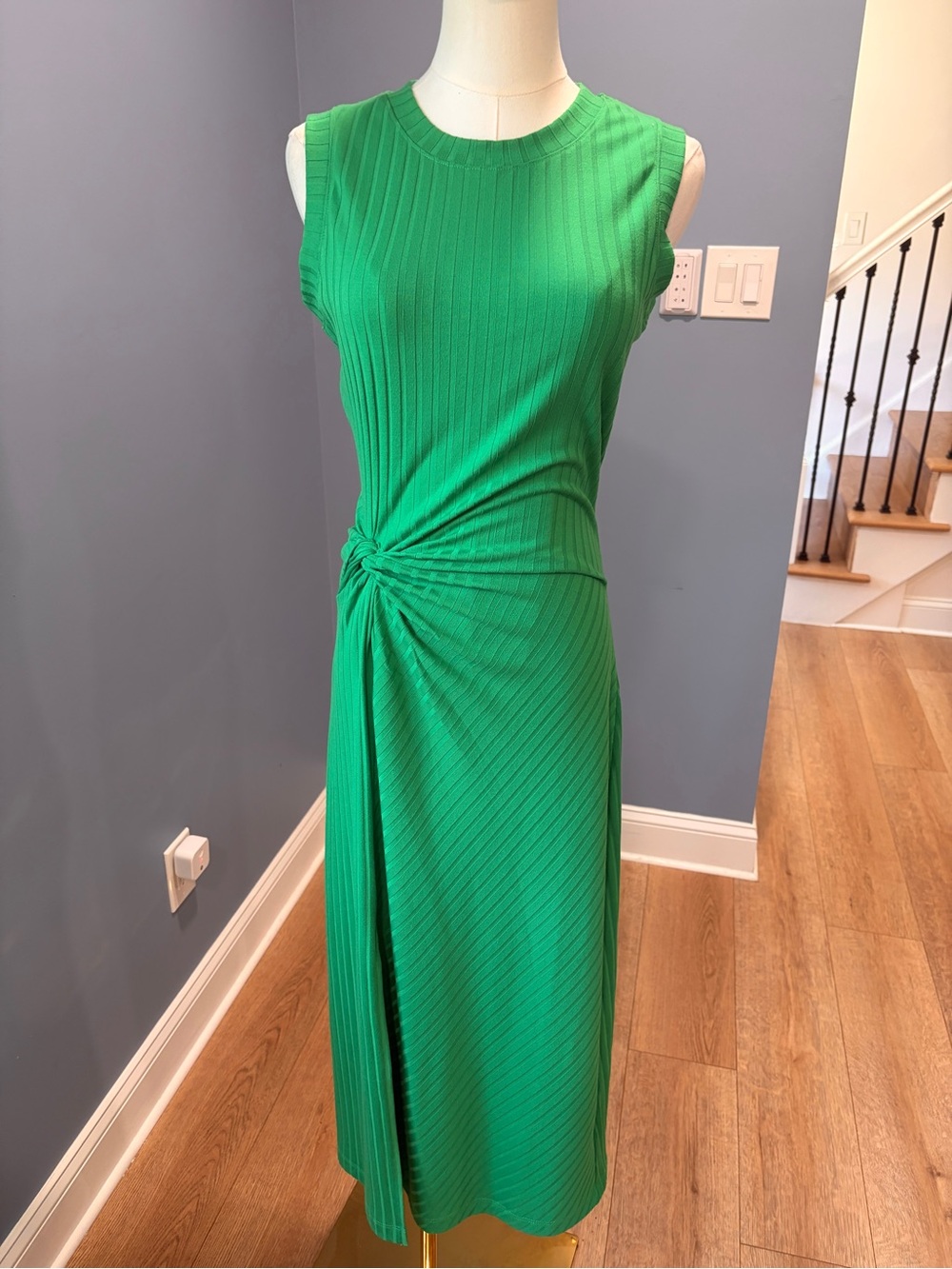 Evereve Green Ribbed Knit Side Knot Midi Dress Sleeveless XS